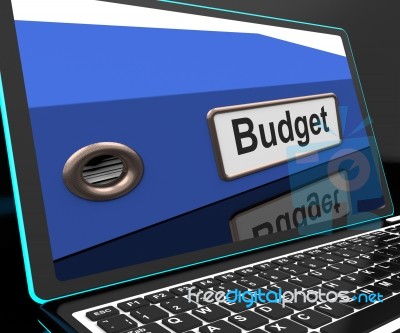 Budget File On Laptop Showing Financial Report Stock Image