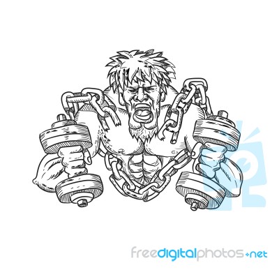 Buffed Athlete Dumbbells Breaking Free From Chains Drawing Stock Image