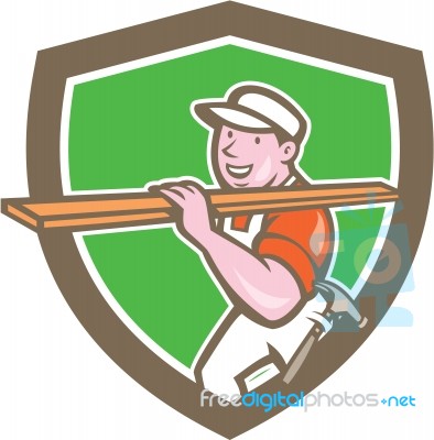 Builder Carpenter Carrying Timber Shield Cartoon Stock Image
