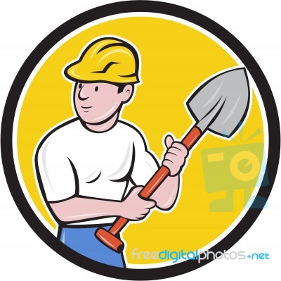 Builder Construction Worker Holding Spade Cartoon Stock Image