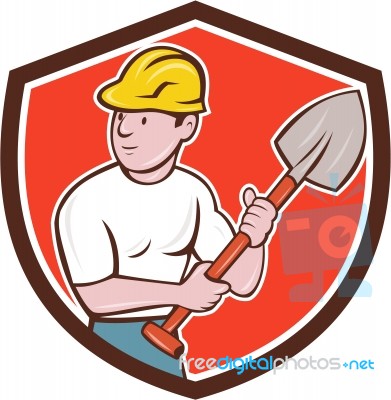 Builder Construction Worker Spade Shield Cartoon Stock Image