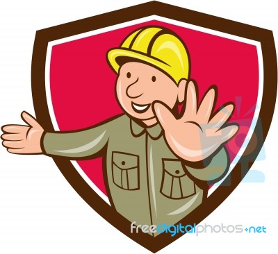 Builder Hand Stop Signal Crest Cartoon Stock Image
