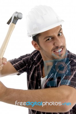 Builder Showing His Hammer Stock Photo