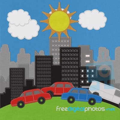Building And Car With Stitch Style On Fabric Background Stock Image