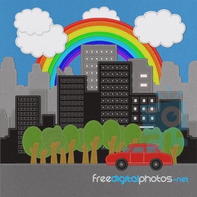 Building And Car With Stitch Style On Fabric Background Stock Image