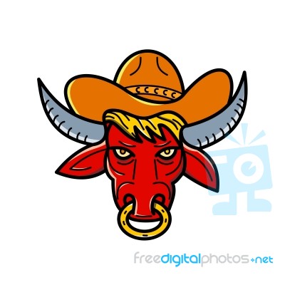 Bull Cowboy Hat Mono Line Art Stock Image