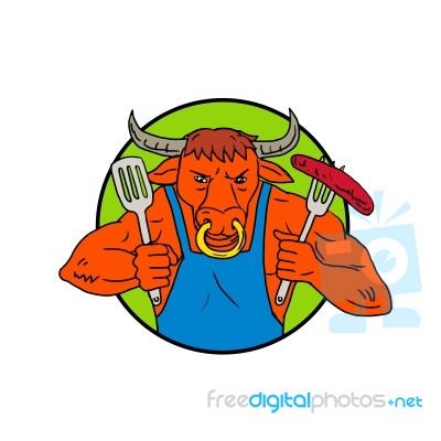 Bull Holding Barbecue Sausage Drawing Color Stock Image