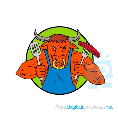Bull Holding Barbecue Sausage Drawing Color Stock Image