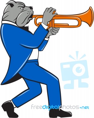 Bulldog Blowing Trumpet Side View Cartoon Stock Image