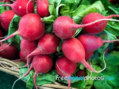 Bunch Of Radishes For Sale On A Market Stall Stock Photo