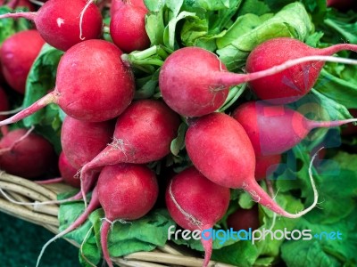 Bunch Of Radishes For Sale On A Market Stall Stock Photo