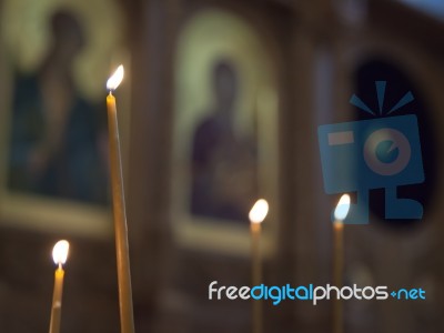 Burning Candles In A Church Stock Photo