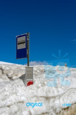 Bus Stop Covered In Snow At The Pordoi Pass Stock Photo