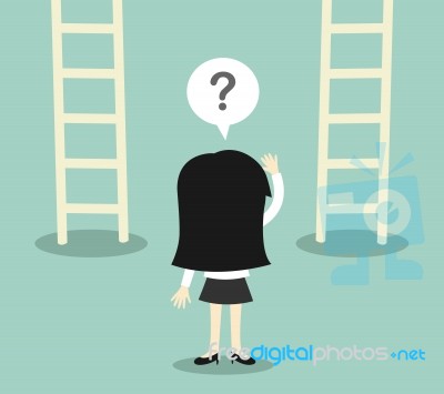 Business Concept, Business Woman Confused About Two Ladder Stock Image