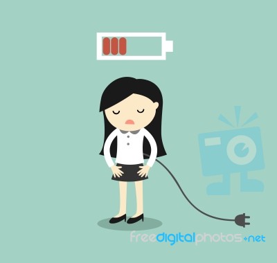Business Concept, Business Woman Feeling Tired And Low Battery Stock Image