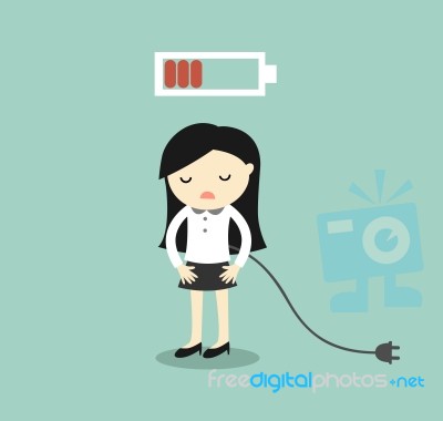 Business Concept, Business Woman Feeling Tired And Low Battery Stock Image