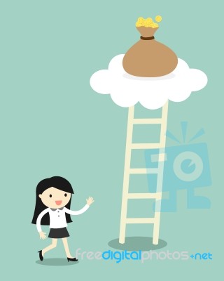Business Concept, Business Woman Going To Climb The Ladder For Get A Bag Of Money Stock Image