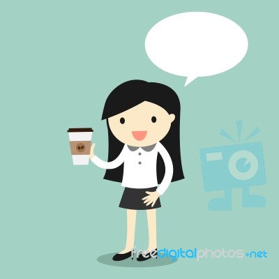 Business Concept, Business Woman Holding Coffee Cup With Bubble Speech Stock Image