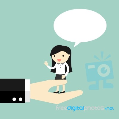 Business Concept, Business Woman Standing On The Big Hand And Talking Stock Image