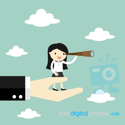 Business Concept, Business Woman Standing On The Big Hand And Using Her Telescope Looking For An Opportunity Stock Image