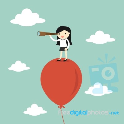 Business Concept, Business Woman Using Her Telescope Looking For Something In The Sky Stock Image