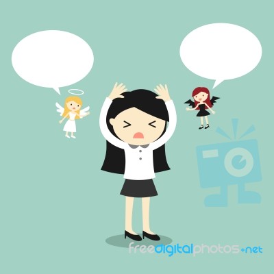 Business Concept, Business Woman With Angel And Devil And Bubble Speech Stock Image