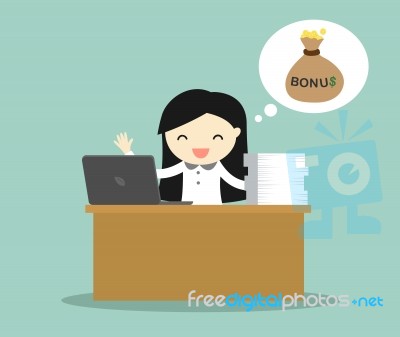 Business Concept, Business Woman Working On Her Desk And Thinking About Bonus Stock Image