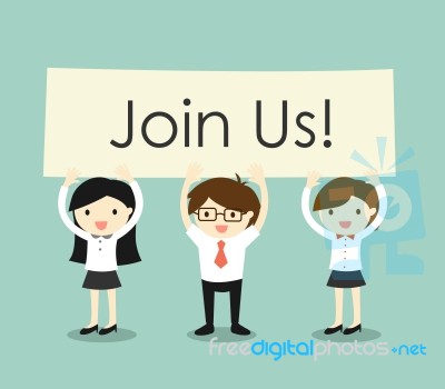 Business Concept, Businessman And Business Women Holding 'join Us!' Signboard With Green Background Stock Image