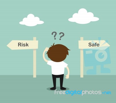 Business Concept, Businessman Confused About Two Direction, Between Risk Or Safe Stock Image