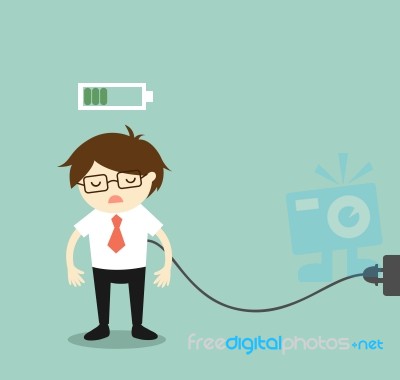 Business Concept, Businessman Feeling Tired And Charging Battery… Stock Image