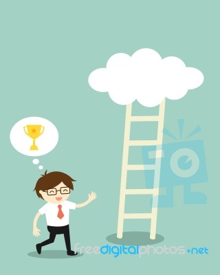 Business Concept, Businessman Going To Climb The Ladder Because He Thinks It Will Have A Golden Winner Cup On The Cloud, But It's Nothing On That Cloud Stock Image