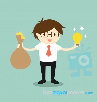 Business Concept, Businessman Holding A Bag Of Money And Idea Stock Image