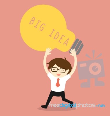 Business Concept, Businessman Holding Bulb Light With The Word Big Idea.  Illustration Stock Image