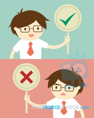 Business Concept, Businessman Holding True And False Sign.  Illustration And Flat Design Stock Image