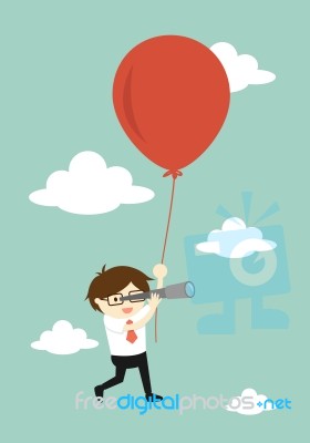 Business Concept, Businessman Using His Telescope Looking For Something In The Sky While Flying With Big Balloon Stock Image