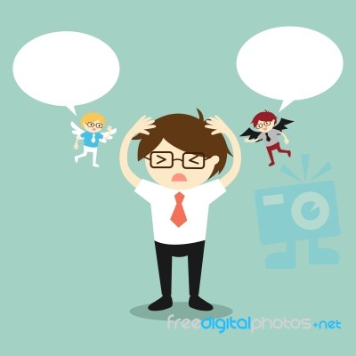 Business Concept, Businessman With Angel And Devil And Bubble Speech Stock Image