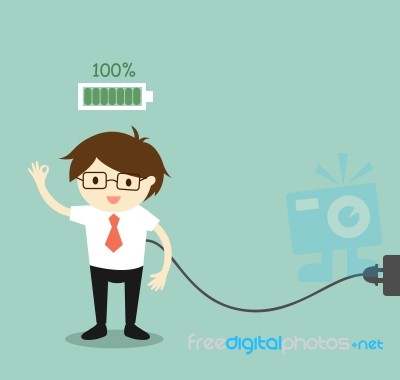 Business Concept, Businessman With Full Battery Stock Image