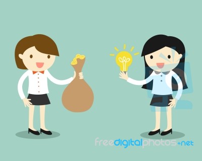 Business Concept, Two Business Women Give Idea And Money For Exchange Stock Image