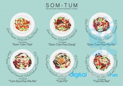 Business Food, Menu Set Of Papaya Salad Or Som Tum,thai Food Stock Image