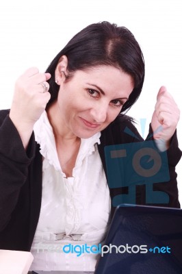 Business Lady Happy In Front Of Pc Stock Photo