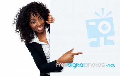Business Lady Pointing Blank Card Stock Photo