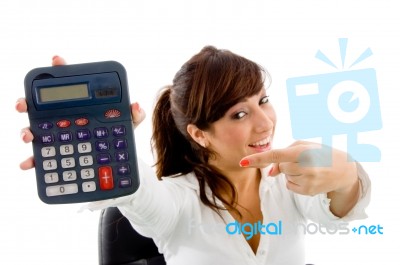 Business Lady Pointing Calculator Stock Photo