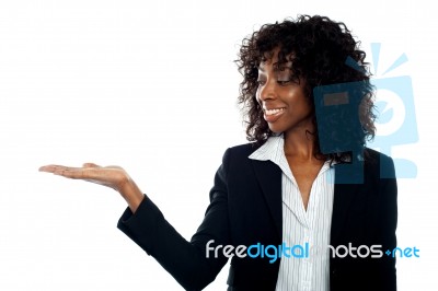 Business Lady Shows Open Palm Stock Photo
