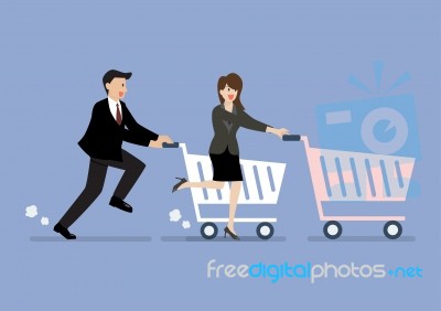 Business Man And Woman Are Shopping With A Cart Stock Image