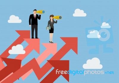 Business Man And Woman Have A Telescope Standing On Graph Up Stock Image
