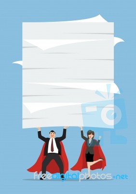 Business Man And Woman Superhero Lifting A Lot Of Documents Stock Image