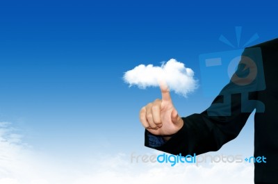 Business Man Pointing To The Cloud Stock Photo