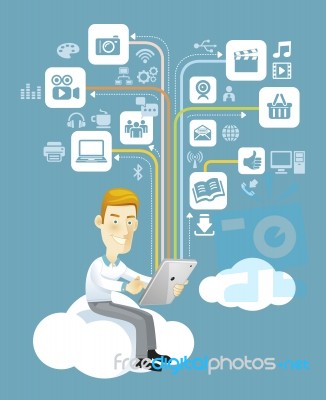 Business Man Using A Tablet Sitting On A Cloud With Social Media… Stock Image