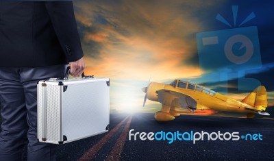 Business Man With Metal Strong Luggage Standing In Airport Runwa… Stock Photo