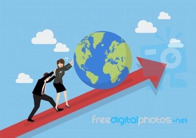 Business People Pushing The World On Graph Up Stock Image